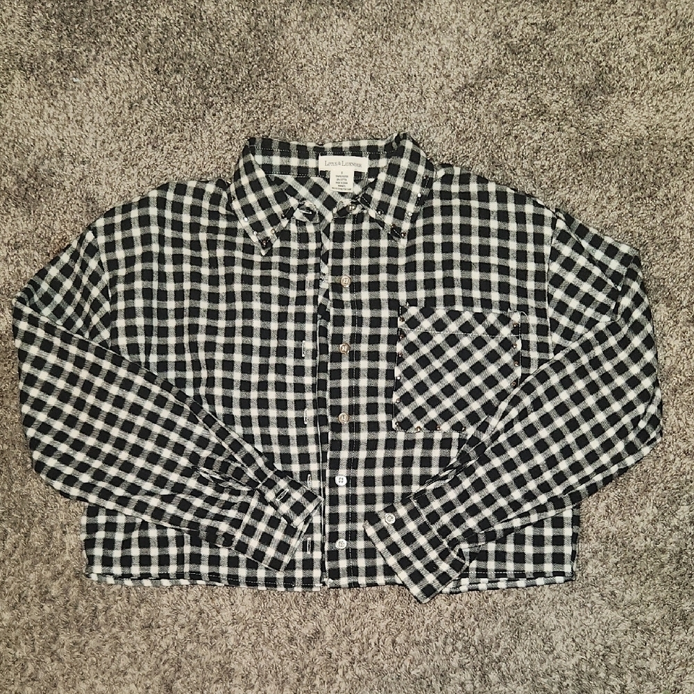 Black and White Cropped Plaid Button-Up Shirt W Stud Detail On Color